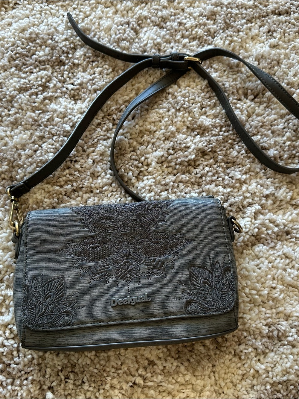 Desigual Gray Embossed Floral Crossbody Bag